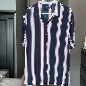 Zara Navy and White Striped Casual Button Down Shirt